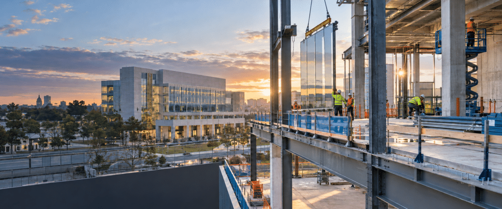 Construction team installing glass panels on a commercial building at sunset