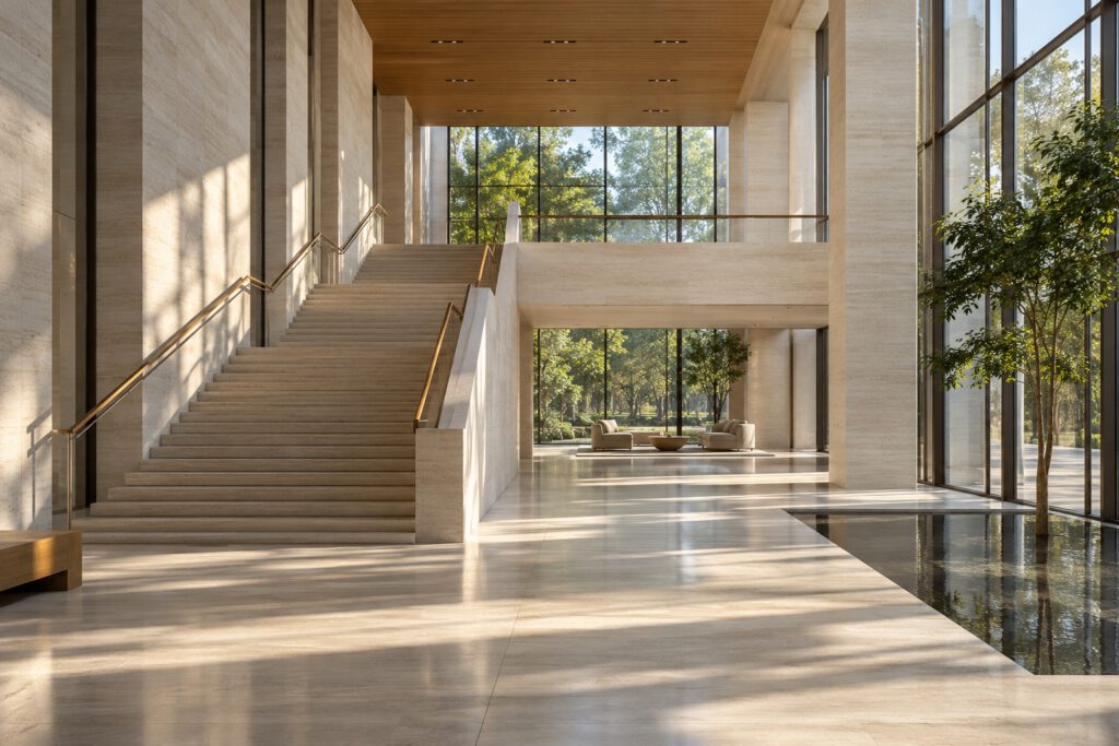 Concept photograph of a light-filled stone and timber atrium