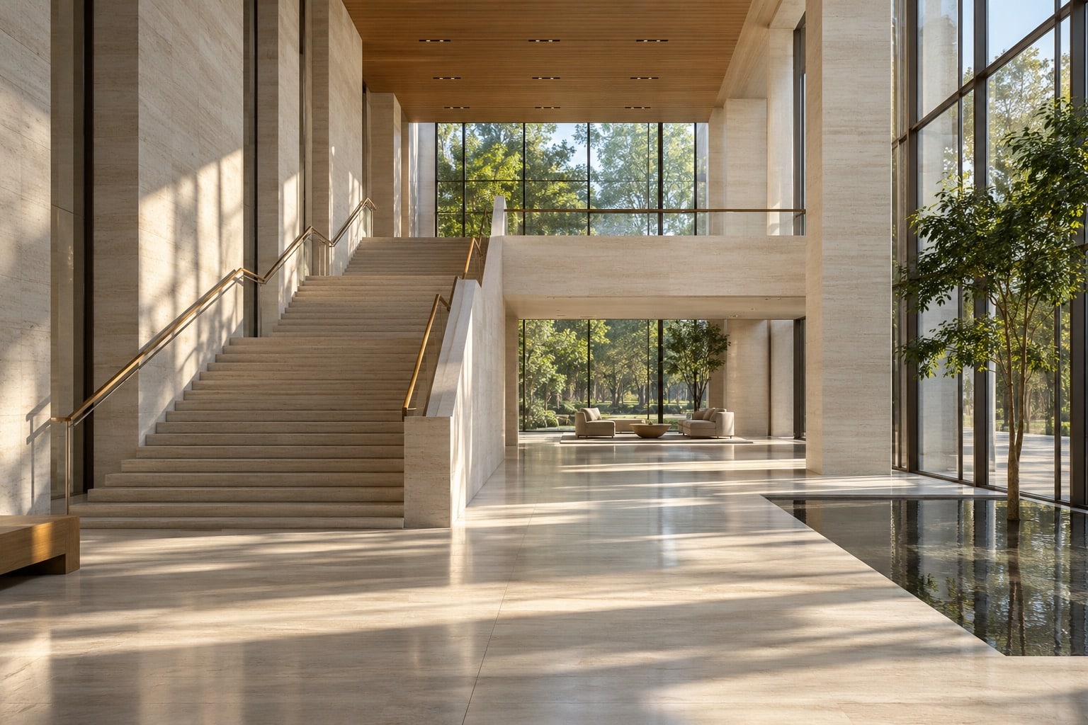 Concept photograph of a light-filled stone and timber atrium